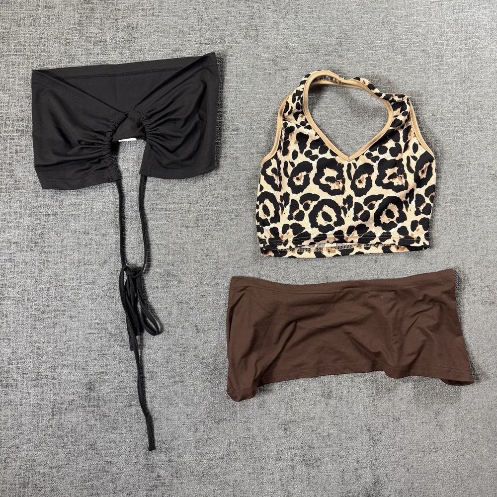 Women's Shein Cropped Tie Halter‎ Top Lot Of 3 Size XS/S Cheetah Brown Black